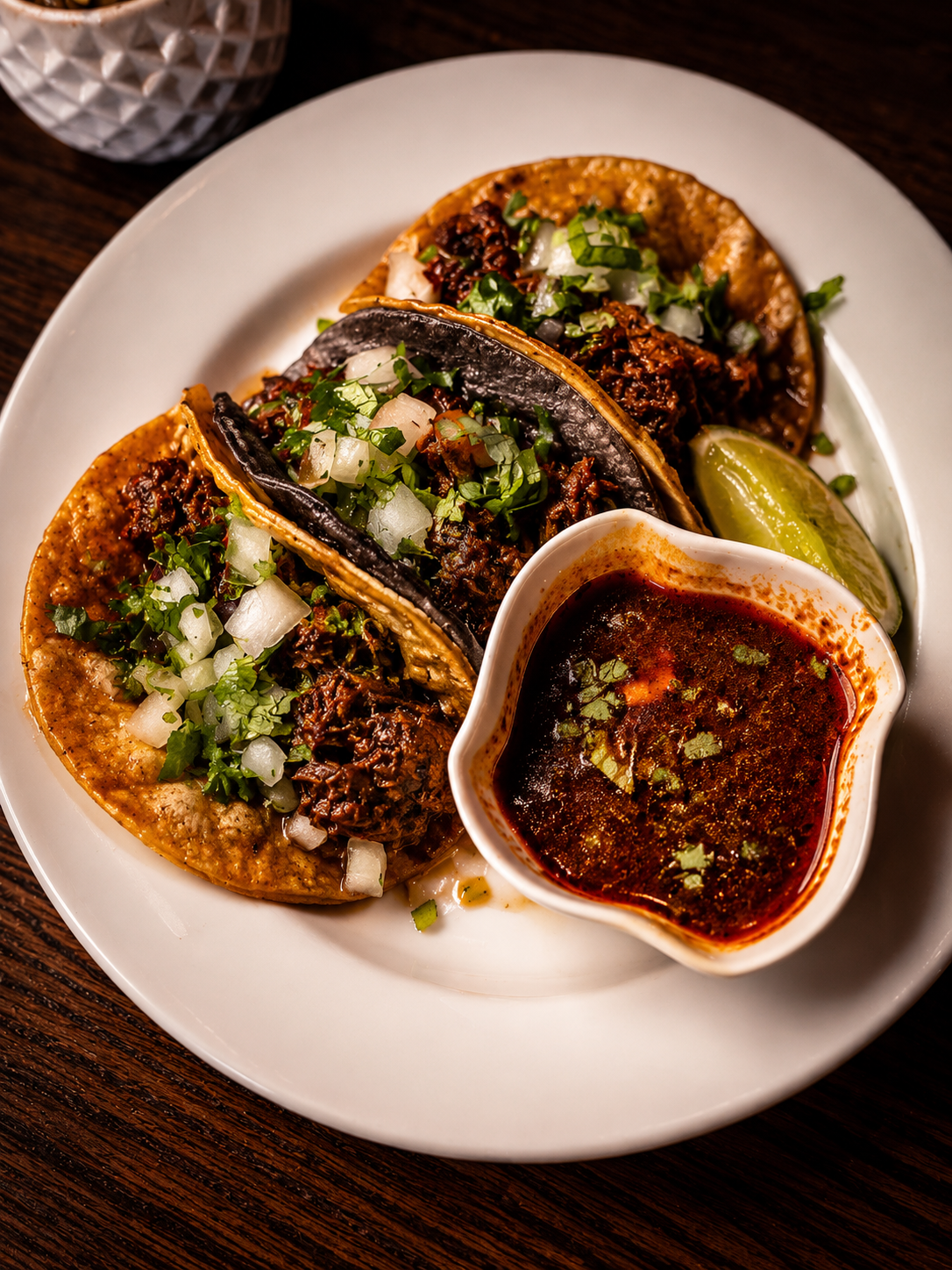 Home Tacos de birria con consomé, cebolla y cilantro